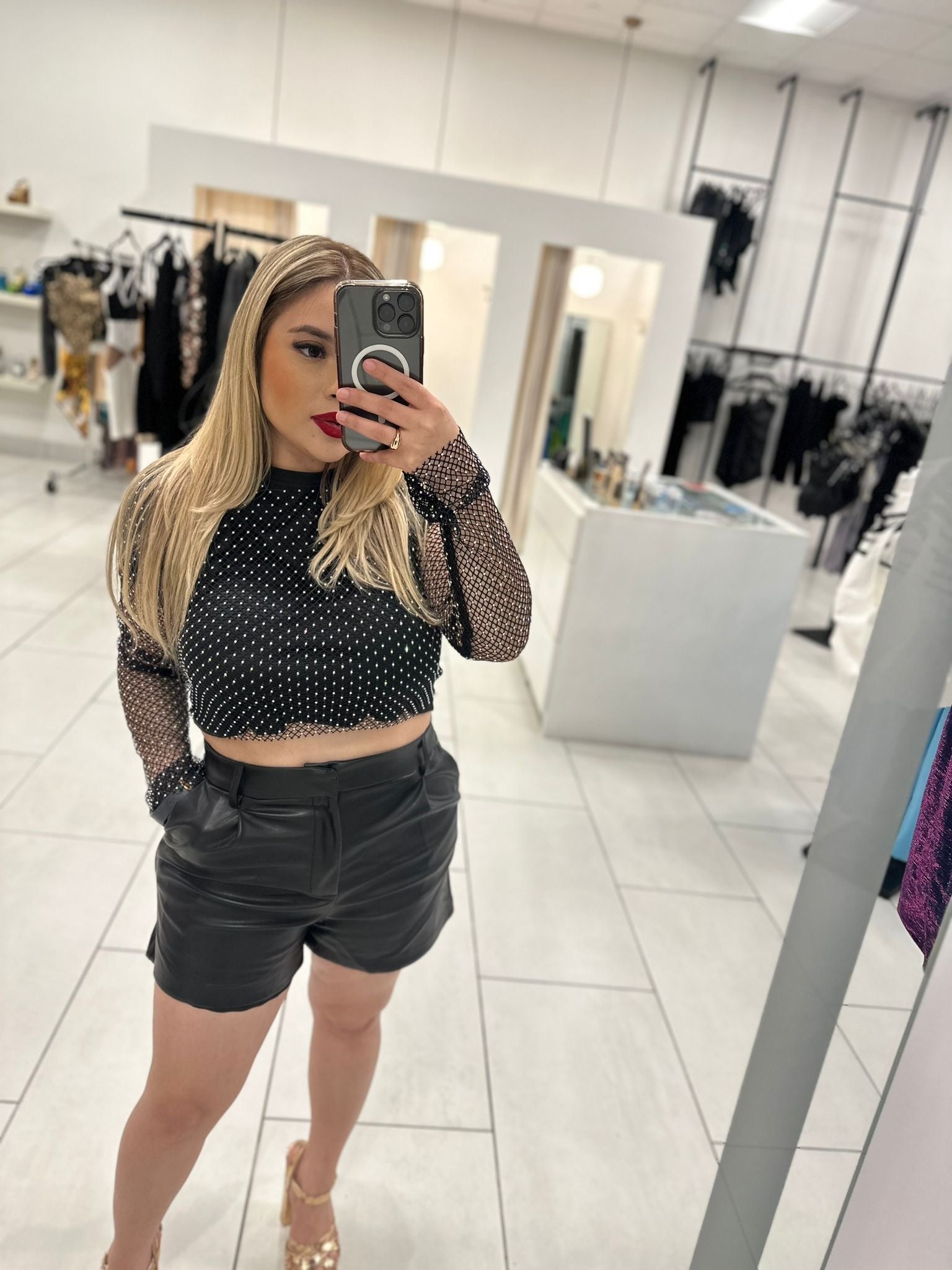 Arely black leather shorts