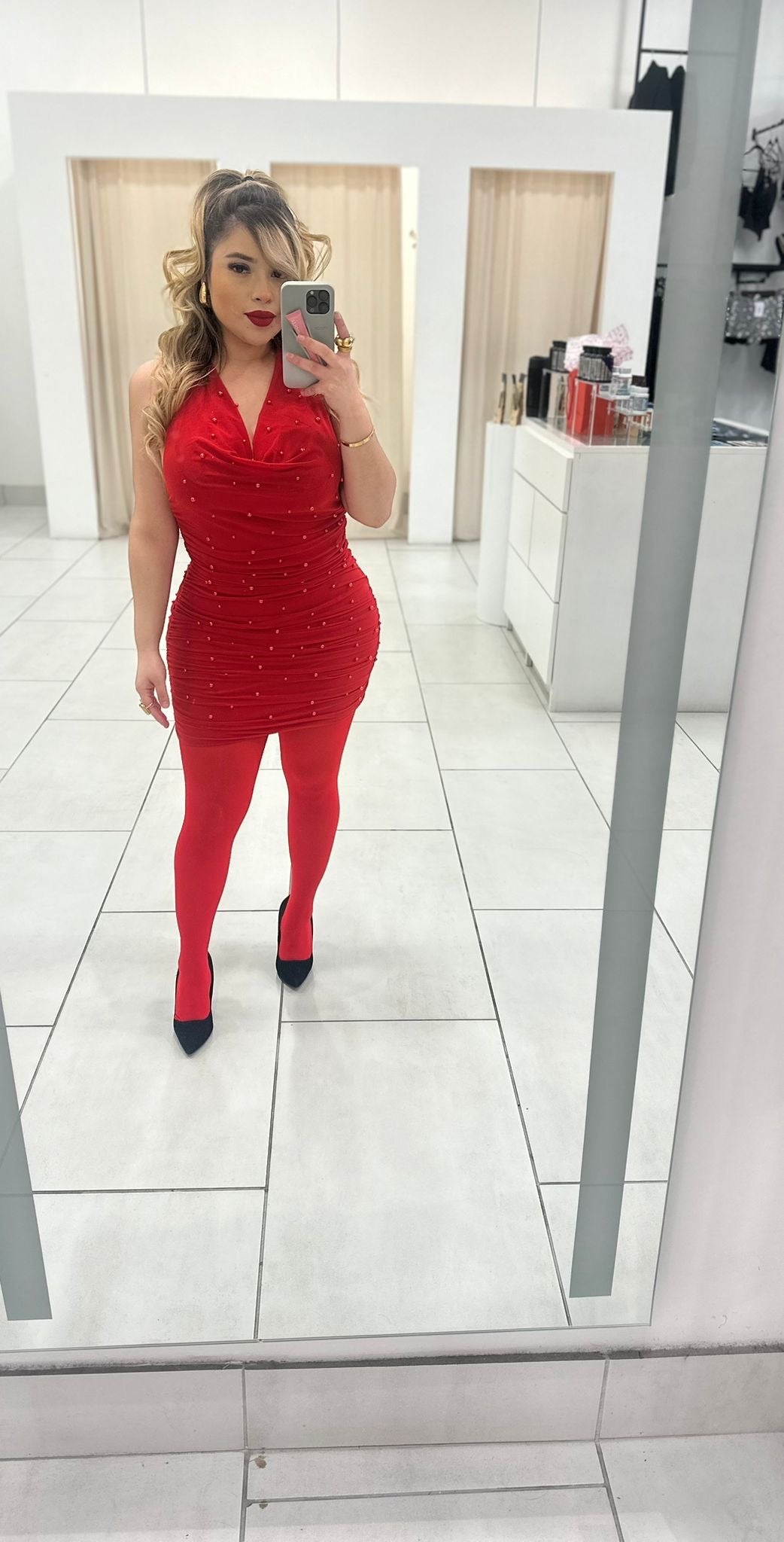 Red Halter Pearl Dress
