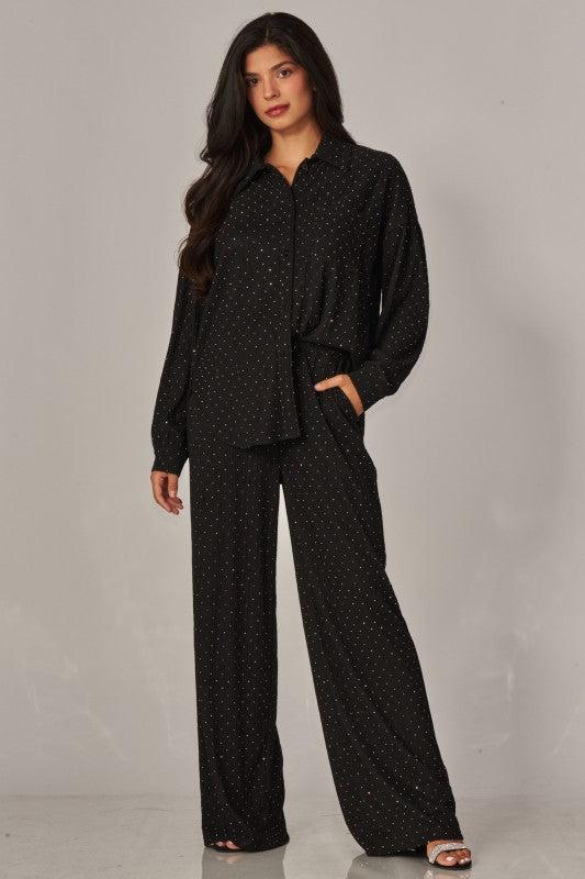 Rhinestone Button Down Shirt Pant Set