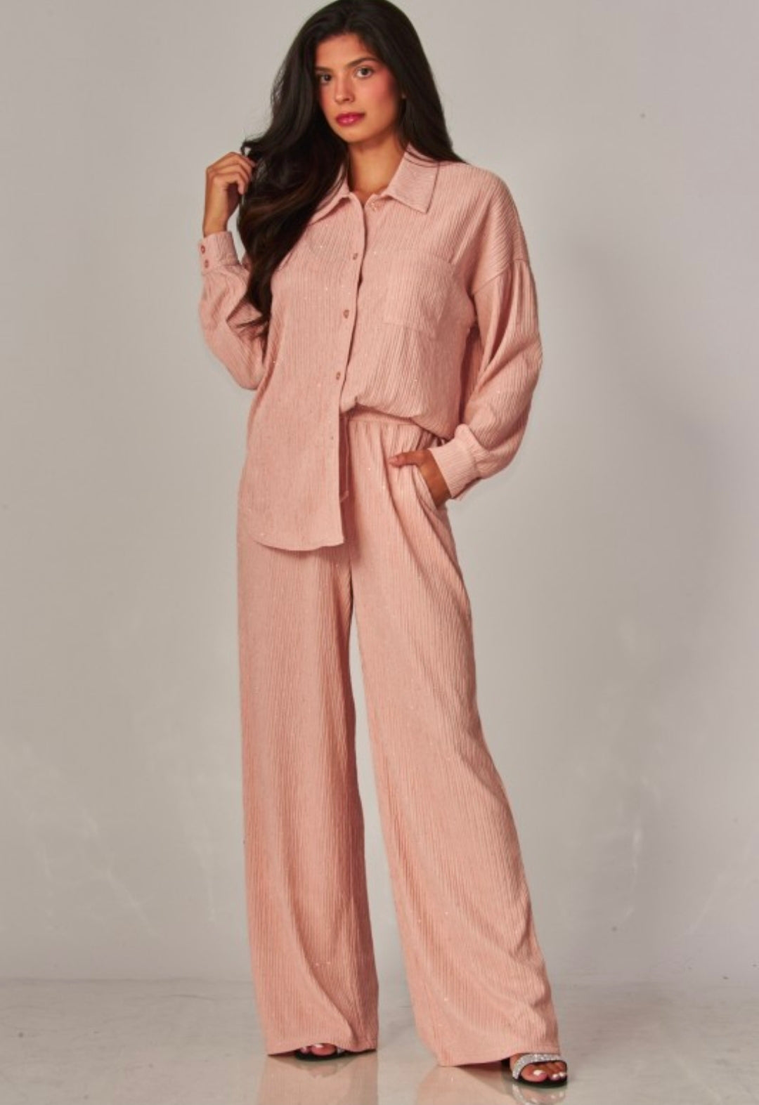 Rhinestone Button Down Shirt Pant Set